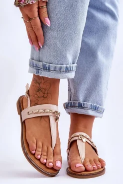 Clearance Boto Damskie Sandały Japonki Z Łańcuszkiem Beżowe Jessica