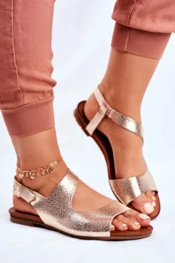 Sale Damskie Sandały Skórzane 1116 Snake Złote Vollare Damskie Sandały Płaskie