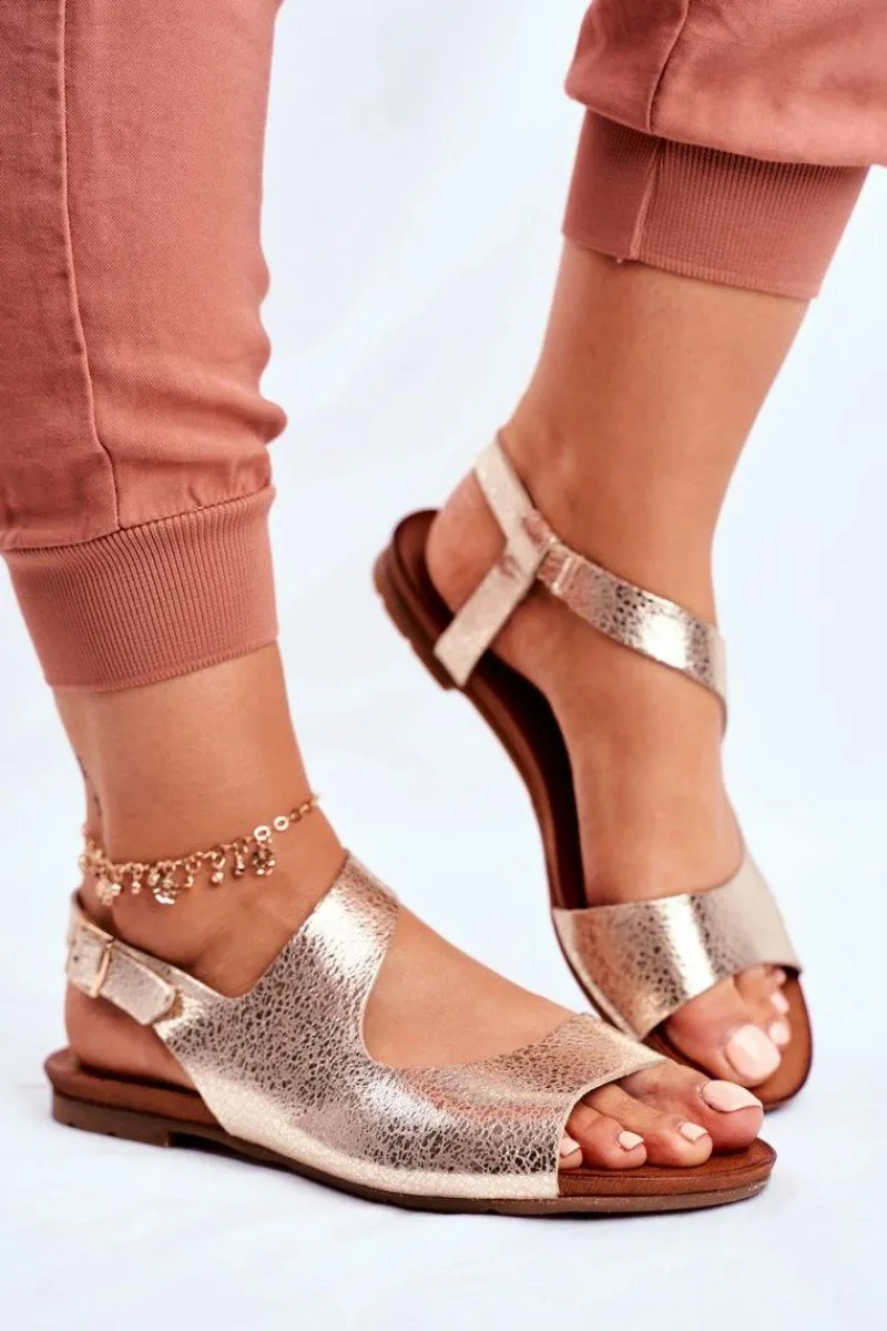 Sale Damskie Sandały Skórzane 1116 Snake Złote Vollare Damskie Sandały Płaskie