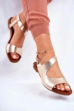 Sale Damskie Sandały Skórzane 1116 Snake Złote Vollare Damskie Sandały Płaskie