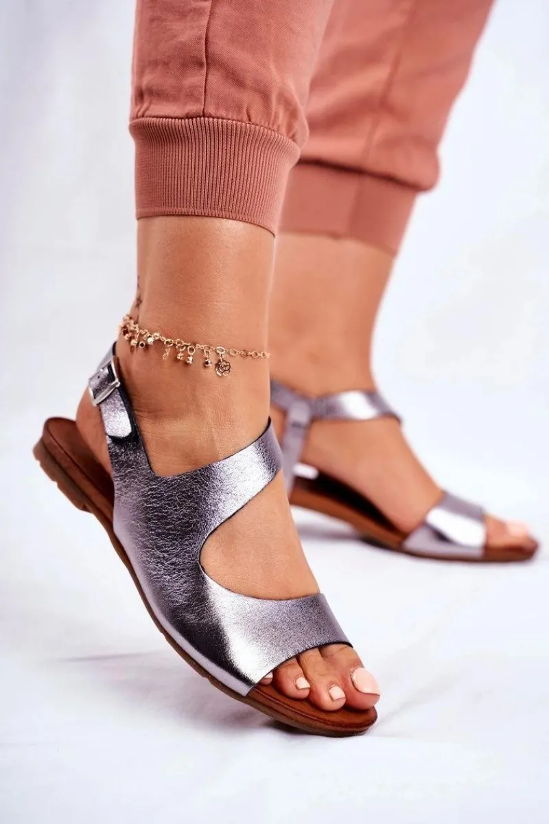 Best Damskie Sandały 1116 Skórzane Metaliczne Vollare Damskie Sandały Płaskie