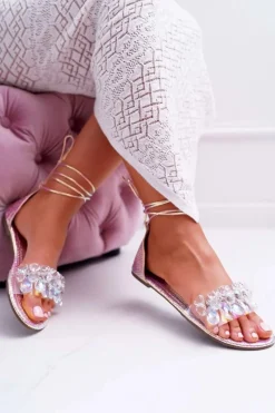 Sale Damskie Sandały Lu Boo Kryształy Różowe Madina Damskie Sandały Płaskie