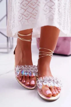 Sale Damskie Sandały Lu Boo Kryształy Różowe Madina Damskie Sandały Płaskie