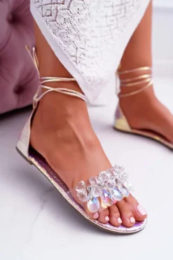 Sale Damskie Sandały Lu Boo Kryształy Różowe Madina Damskie Sandały Płaskie