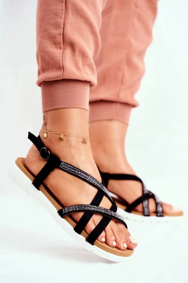 Sandały Płaskie>Boto Damskie Sandały Lu Boo Z Cyrkoniami 406-6 Czarne Feen