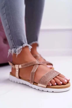 Sandały Płaskie>Boto Damskie Sandały Lu Boo Z Cyrkoniami 406-5 Różowe Złoto Stella