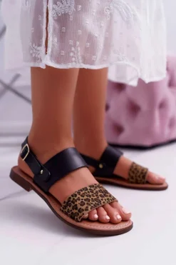 Sandały Płaskie>Maciejka Damskie Sandały Skórzane Panterka Czarne IT001-03