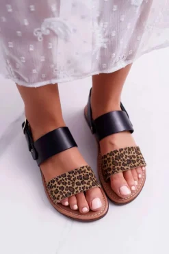 Sandały Płaskie>Maciejka Damskie Sandały Skórzane Panterka Czarne IT001-03