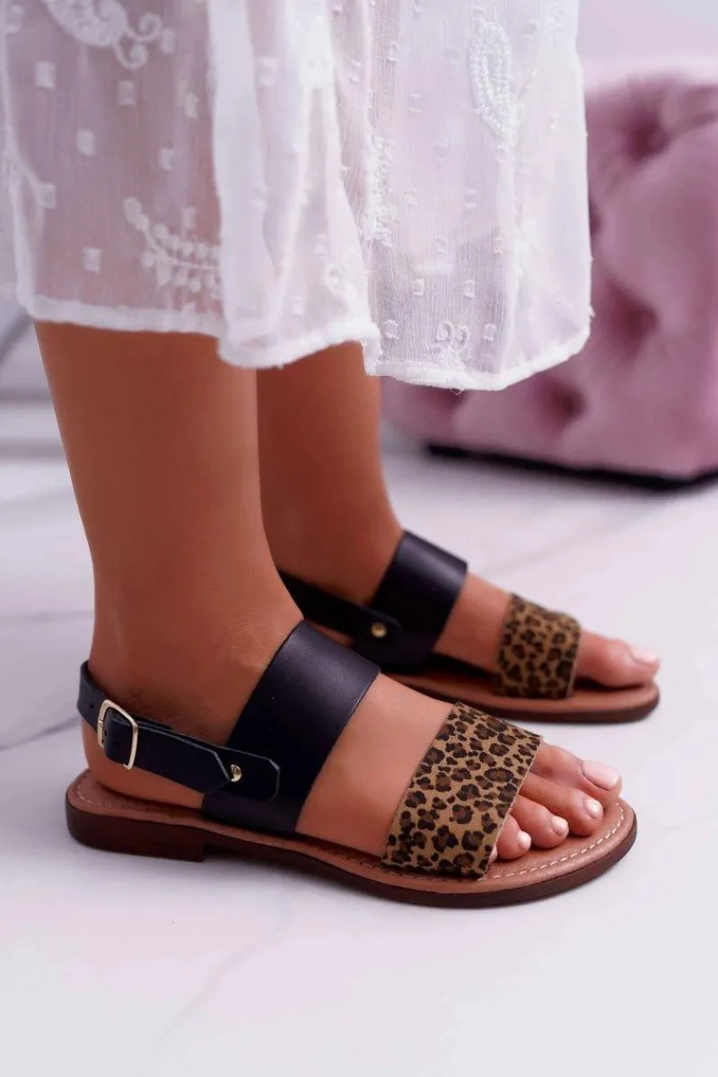 Sandały Płaskie>Maciejka Damskie Sandały Skórzane Panterka Czarne IT001-03