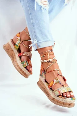 Clearance Boto Damskie Sandały Na Korkowej Platformie Wiązane Pomarańczowe My Way