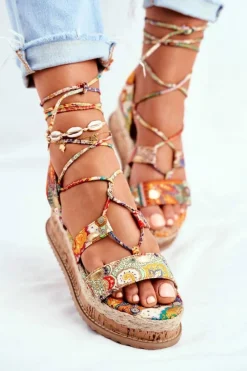 Clearance Boto Damskie Sandały Na Korkowej Platformie Wiązane Pomarańczowe My Way