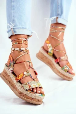 Clearance Boto Damskie Sandały Na Korkowej Platformie Wiązane Pomarańczowe My Way