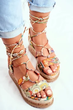 Clearance Boto Damskie Sandały Na Korkowej Platformie Wiązane Pomarańczowe My Way