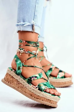 Sandały Na Koturnie>Boto Damskie Sandały Na Korkowej Platformie Wiązane Zielone My Way