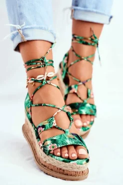 Sandały Na Koturnie>Boto Damskie Sandały Na Korkowej Platformie Wiązane Zielone My Way