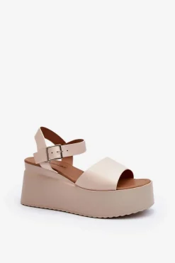Boto Damskie Sandały Na Koturnie Beżowe Geferia