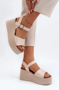 Boto Damskie Sandały Na Koturnie Beżowe Geferia