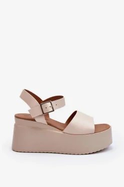 Boto Damskie Sandały Na Koturnie Beżowe Geferia