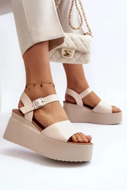 Boto Damskie Sandały Na Koturnie Beżowe Geferia