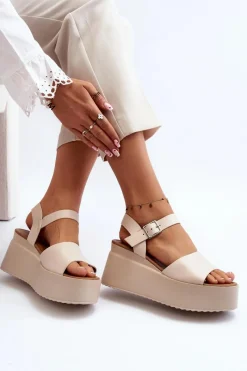Boto Damskie Sandały Na Koturnie Beżowe Geferia