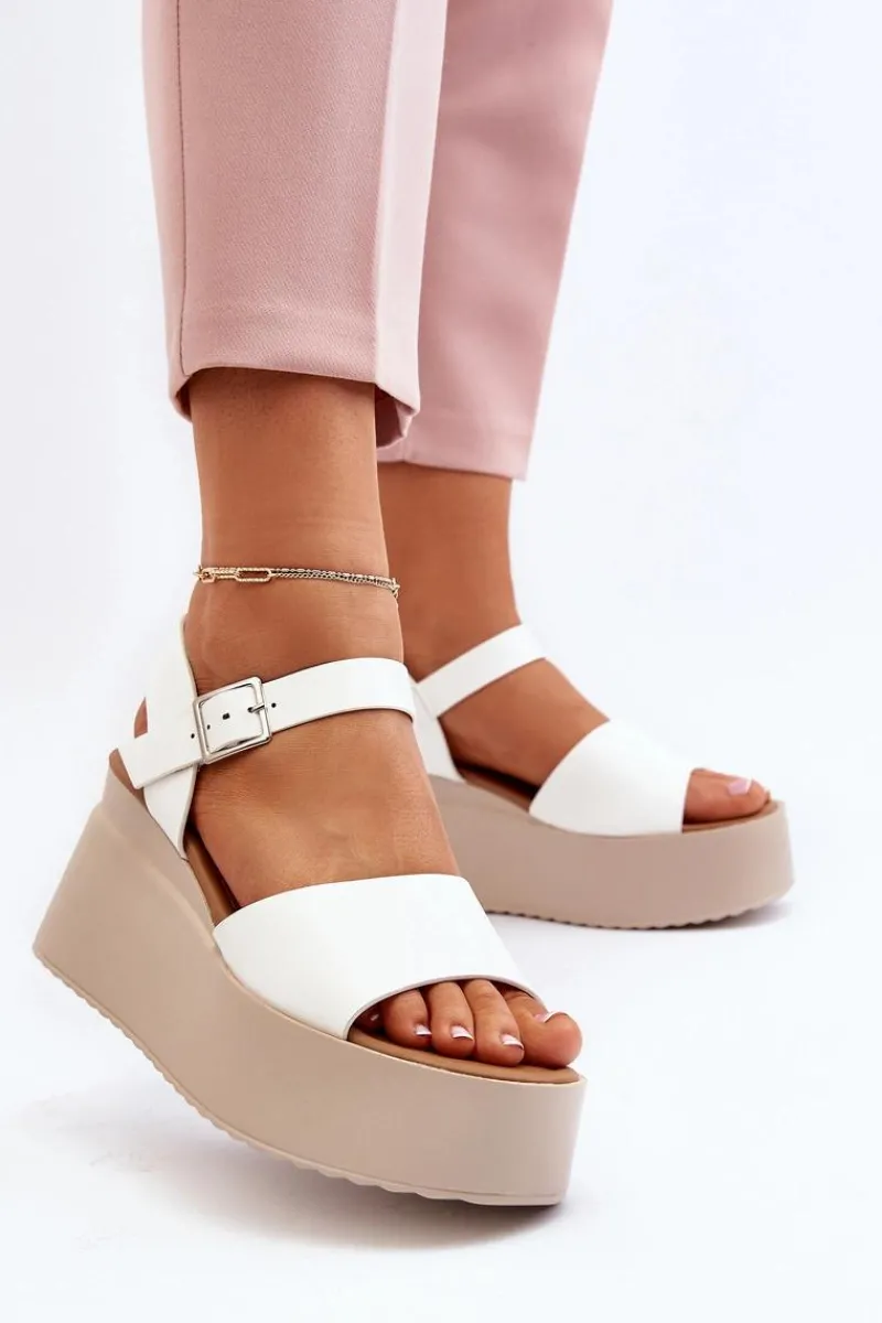 Damskie Sandały Na Koturnie Białe Geferia Damskie Sandały Na Koturnie