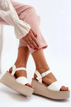 Damskie Sandały Na Koturnie Białe Geferia Damskie Sandały Na Koturnie