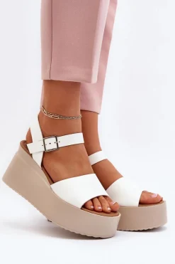 Damskie Sandały Na Koturnie Białe Geferia Damskie Sandały Na Koturnie