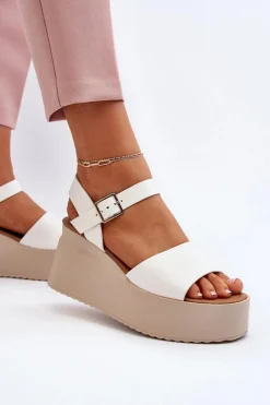 Damskie Sandały Na Koturnie Białe Geferia Damskie Sandały Na Koturnie