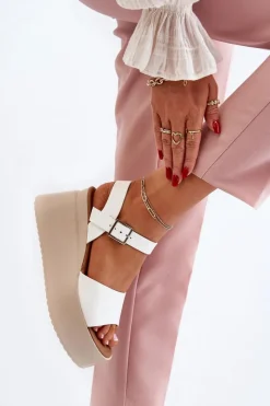 Damskie Sandały Na Koturnie Białe Geferia Damskie Sandały Na Koturnie