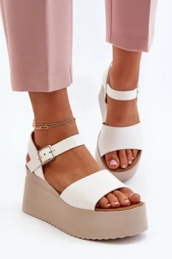 Damskie Sandały Na Koturnie Białe Geferia Damskie Sandały Na Koturnie