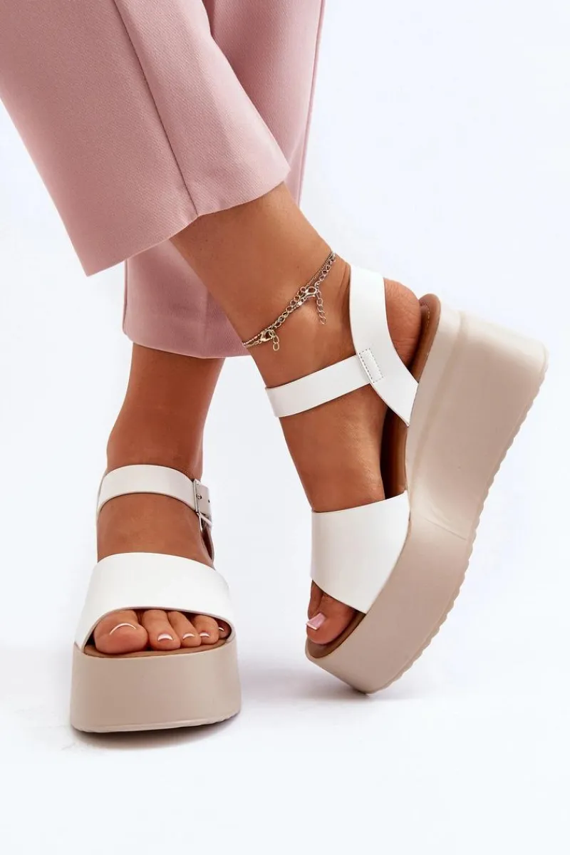 Damskie Sandały Na Koturnie Białe Geferia Damskie Sandały Na Koturnie