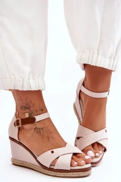 Outlet Boto Damskie Sandały Na Koturnie Jasnobeżowe Janet