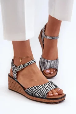 Best Damskie Sandały Na Koturnie Sergio Leone SK303 Biało-Czarne Damskie Sandały Na Koturnie