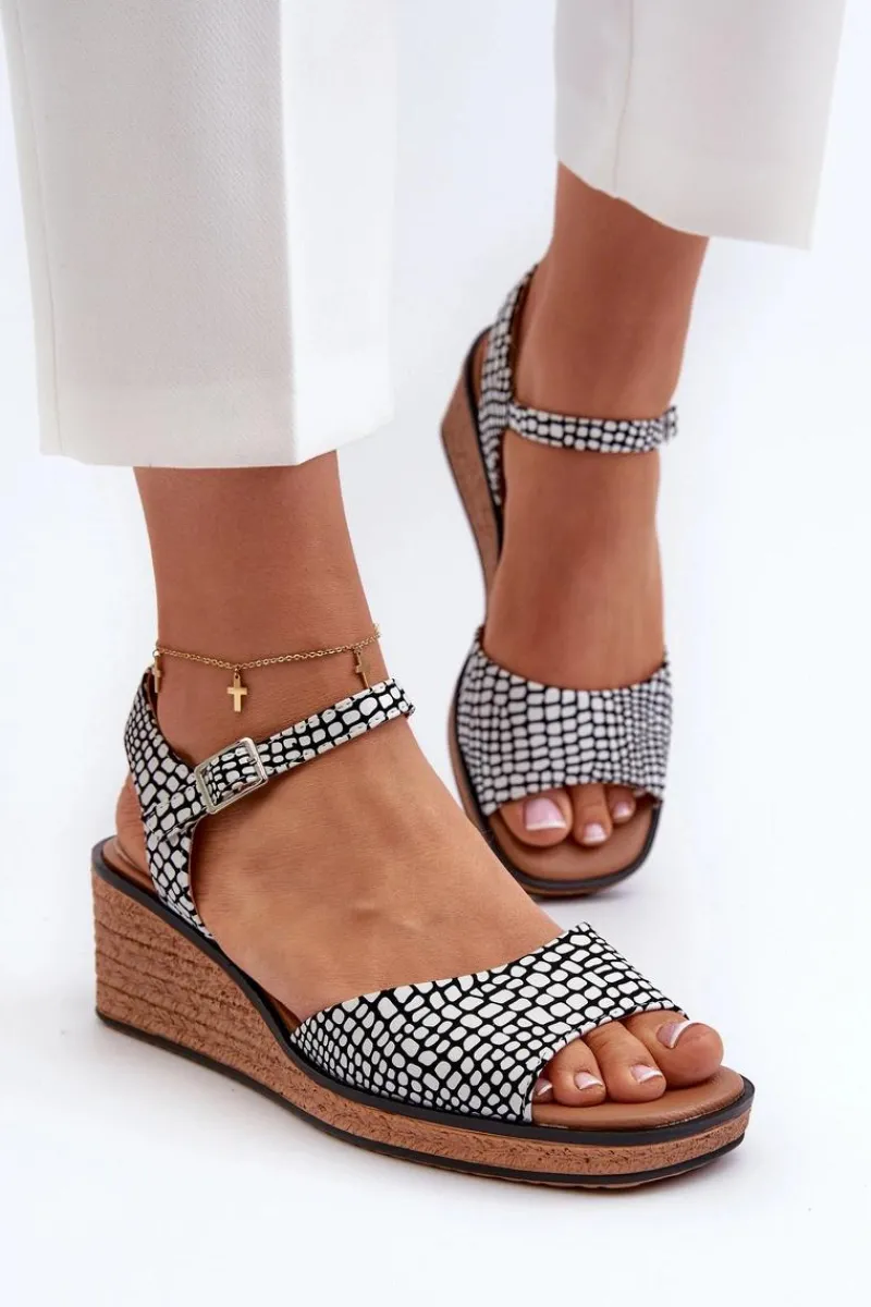 Best Damskie Sandały Na Koturnie Sergio Leone SK303 Biało-Czarne Damskie Sandały Na Koturnie