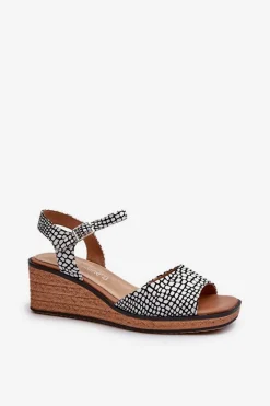 Best Damskie Sandały Na Koturnie Sergio Leone SK303 Biało-Czarne Damskie Sandały Na Koturnie