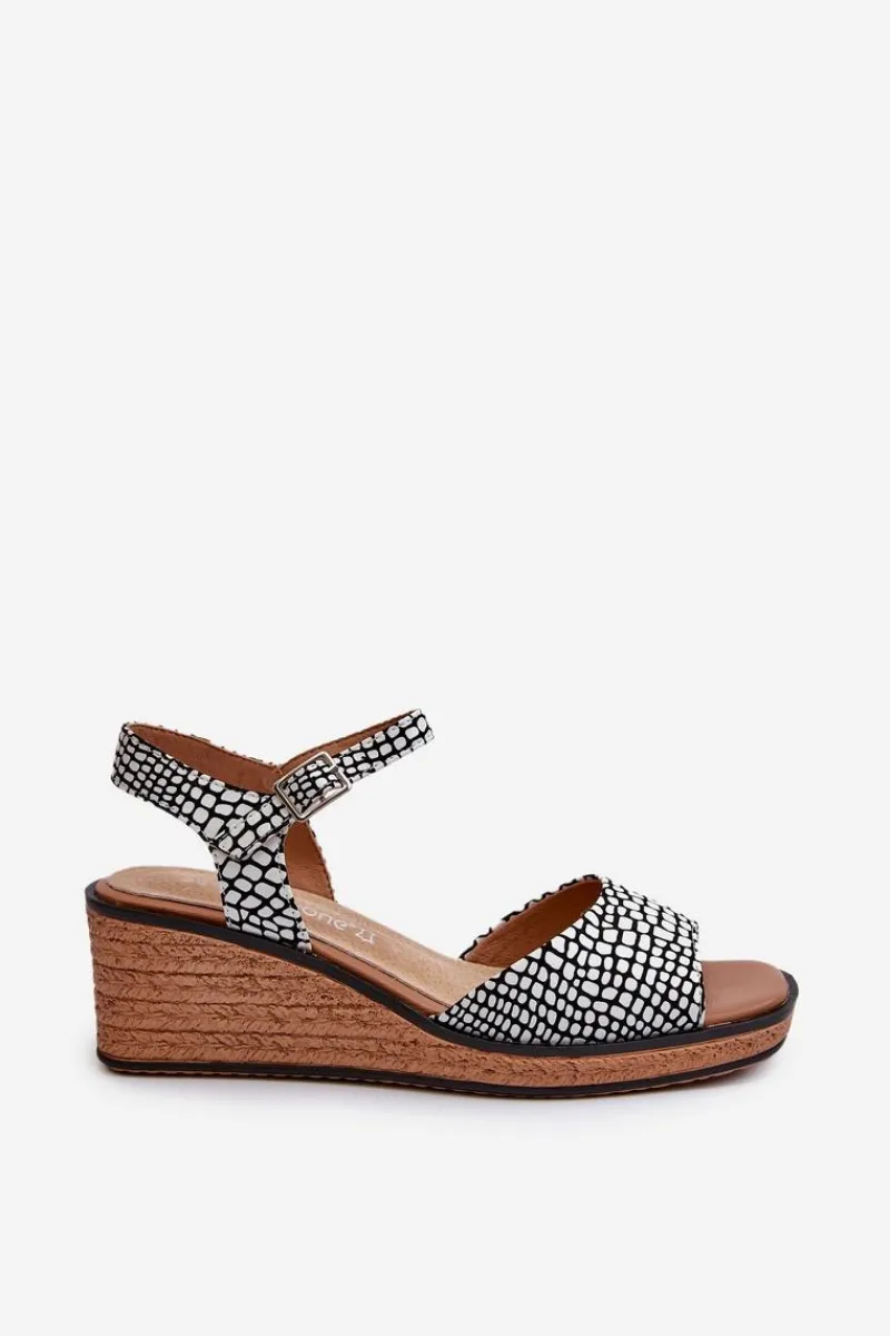 Best Damskie Sandały Na Koturnie Sergio Leone SK303 Biało-Czarne Damskie Sandały Na Koturnie