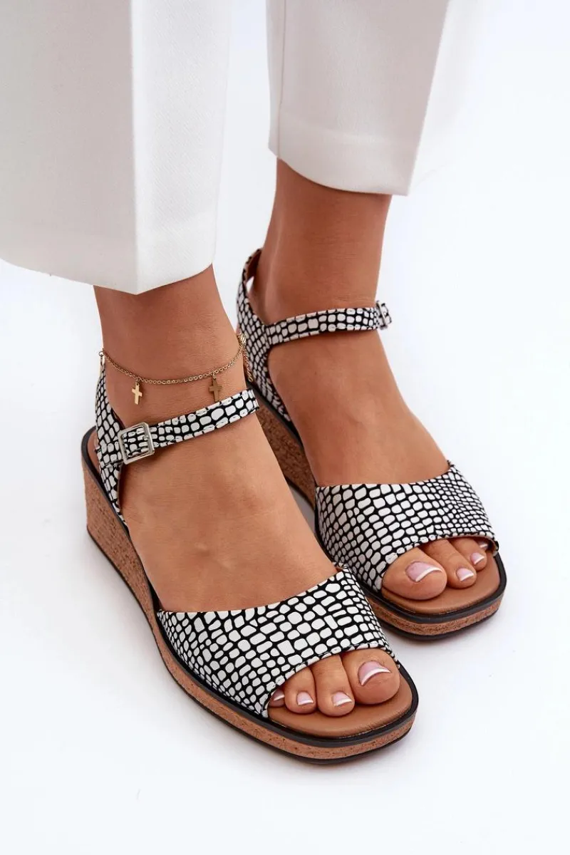 Best Damskie Sandały Na Koturnie Sergio Leone SK303 Biało-Czarne Damskie Sandały Na Koturnie