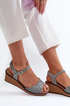 Best Damskie Sandały Na Koturnie Sergio Leone SK303 Biało-Czarne Damskie Sandały Na Koturnie