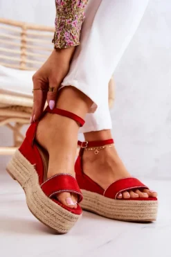 Discount Damskie Sandały Na Koturnie Z Cyrkoniami Czerwone Linette Damskie Sandały Na Koturnie