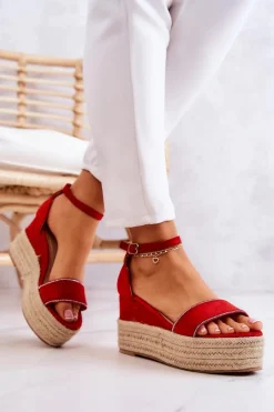 Discount Damskie Sandały Na Koturnie Z Cyrkoniami Czerwone Linette Damskie Sandały Na Koturnie