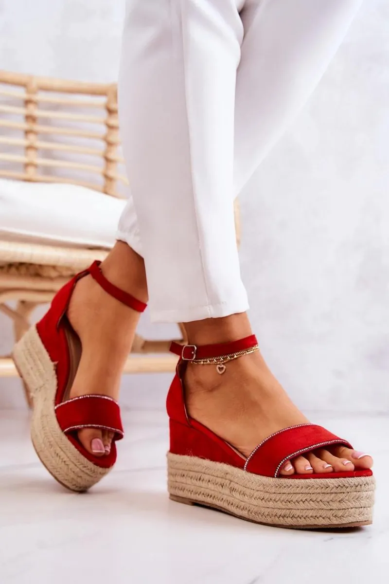 Discount Damskie Sandały Na Koturnie Z Cyrkoniami Czerwone Linette Damskie Sandały Na Koturnie