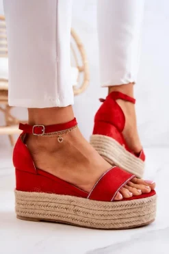 Discount Damskie Sandały Na Koturnie Z Cyrkoniami Czerwone Linette Damskie Sandały Na Koturnie