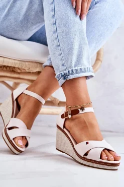 Outlet Boto Damskie Sandały Na Koturnie Beżowe Veenus