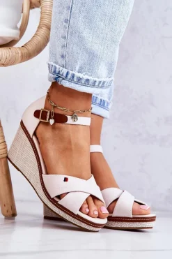 Outlet Boto Damskie Sandały Na Koturnie Beżowe Veenus