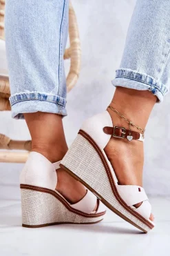 Outlet Boto Damskie Sandały Na Koturnie Beżowe Veenus