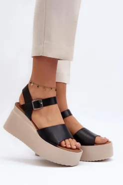 Sandały Na Koturnie>Boto Damskie Sandały Na Koturnie Czarne Geferia