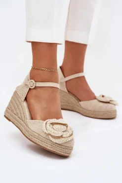 Sandały Na Koturnie>Boto Damskie Sandały Na Koturnie Z Plecionką I Szydełkowym Kwiatem Beżowe Ismilea