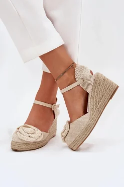 Sandały Na Koturnie>Boto Damskie Sandały Na Koturnie Z Plecionką I Szydełkowym Kwiatem Beżowe Ismilea