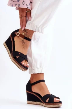 Hot Damskie Sandały Na Koturnie Czarne Janet Damskie Sandały Na Obcasie|Sandały Na Koturnie