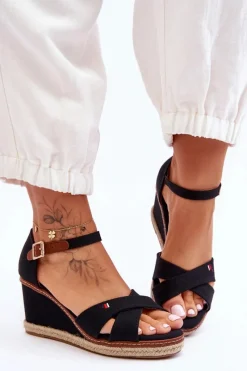 Hot Damskie Sandały Na Koturnie Czarne Janet Damskie Sandały Na Obcasie|Sandały Na Koturnie